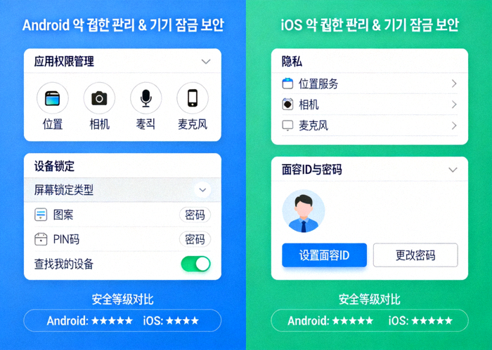 안드로이드와 iOS 기기에서 앱 권한을 관리하고 기기 잠금 보안을 강화하는 설정 화면을 비교하는 이미지
