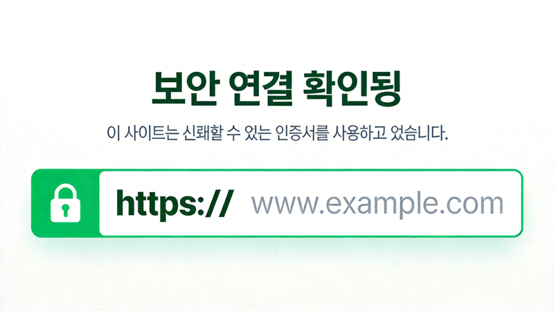 브라우저 주소창의 자물쇠 아이콘과 HTTPS 프로토콜이 강조된 보안 확인 화면